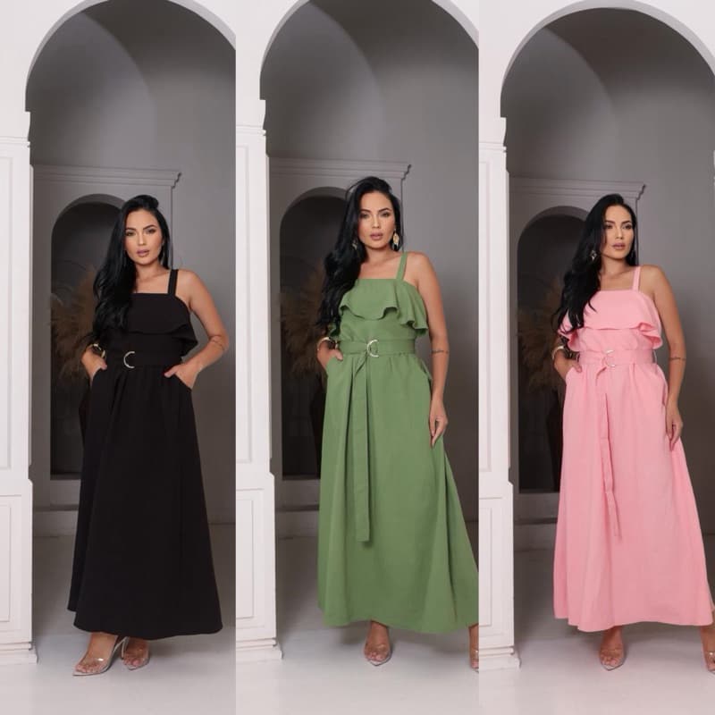 Vestido Midi  com Babado🔥Elegante e Confortável–Alça, Cinto Ajustável,Soltinho, Moda Feminina Casual Chic Tendência 2026