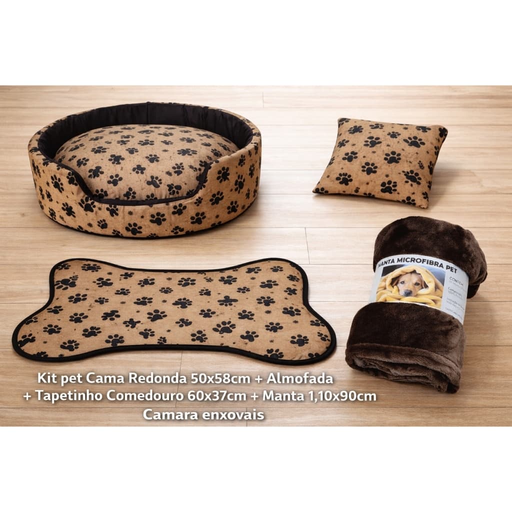 Kit Pet Completo 4 Peças Cama Redonda Pet 50x58 + Almofada Grátis + Tapete Comedouro 60x37 + Cobertinha Pet 1,10cmx90cm