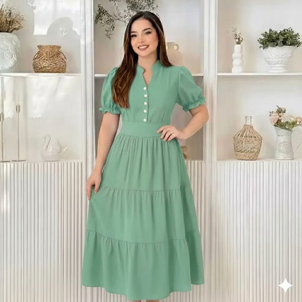 VESTIDO FEMININO MIDI CON BOTOES E MANGA BUFANTE   MODA ELEGANTE 2026