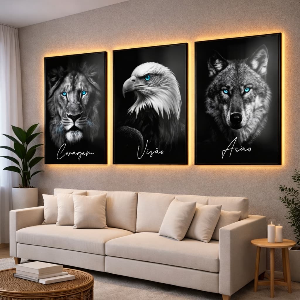 Kit 3 Quadros Decorativos Leão Lobo Águia Motivacional Frases Sala Quarto Escritório