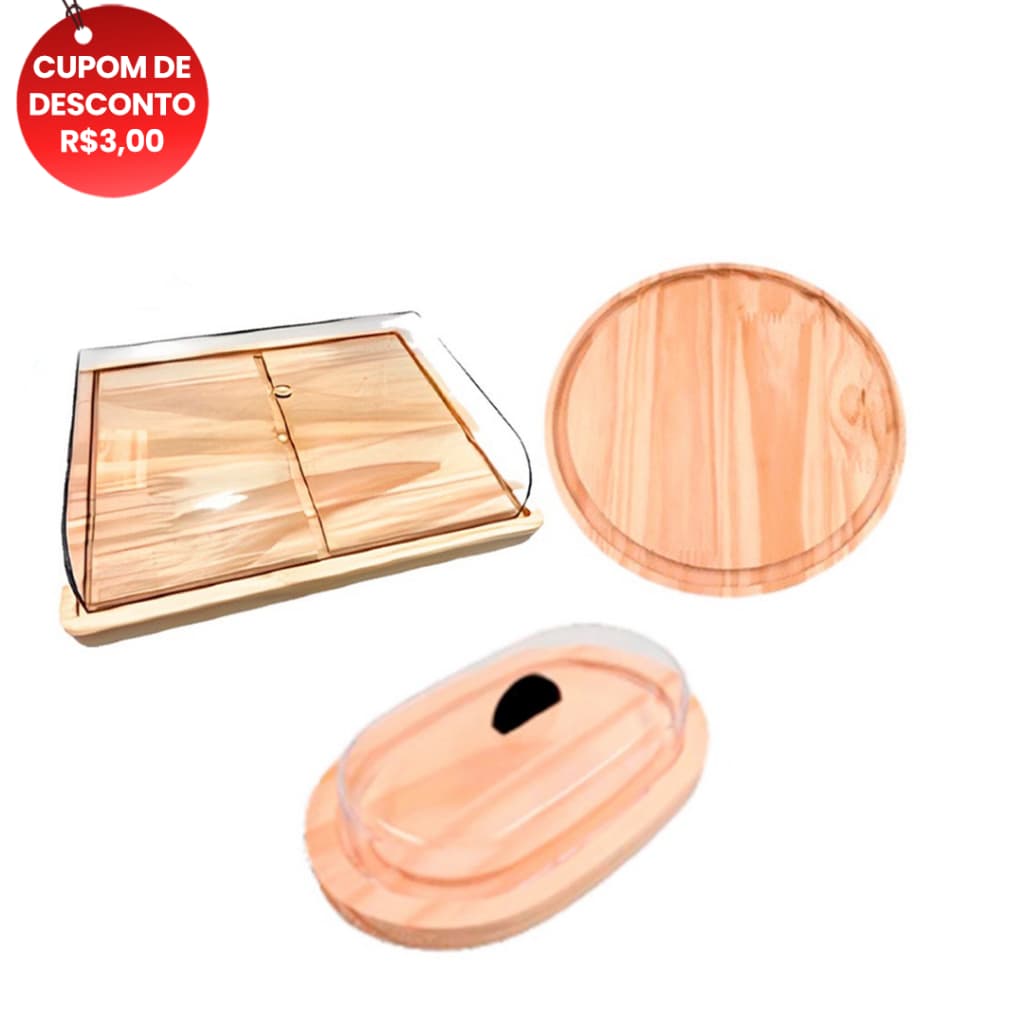 OFERTA 9.9 KIT 3pçs Madeira Natural Porta Frios Médio (21X16,5cm), Manteigueira e Tabua Redonda 25cm