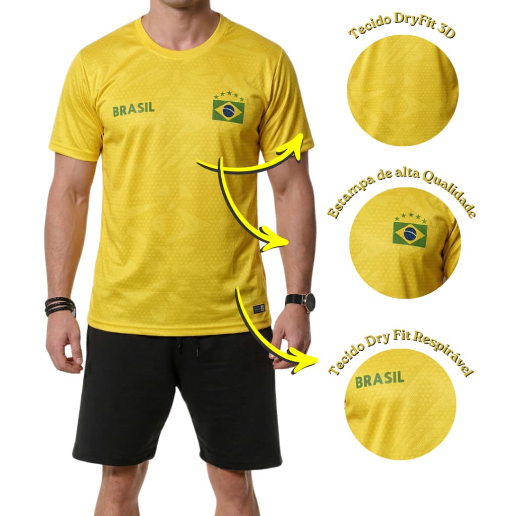 Camiseta Dry Fit Brasil Seleção Masculina Amarela Verde Copa Futebol Esportiva