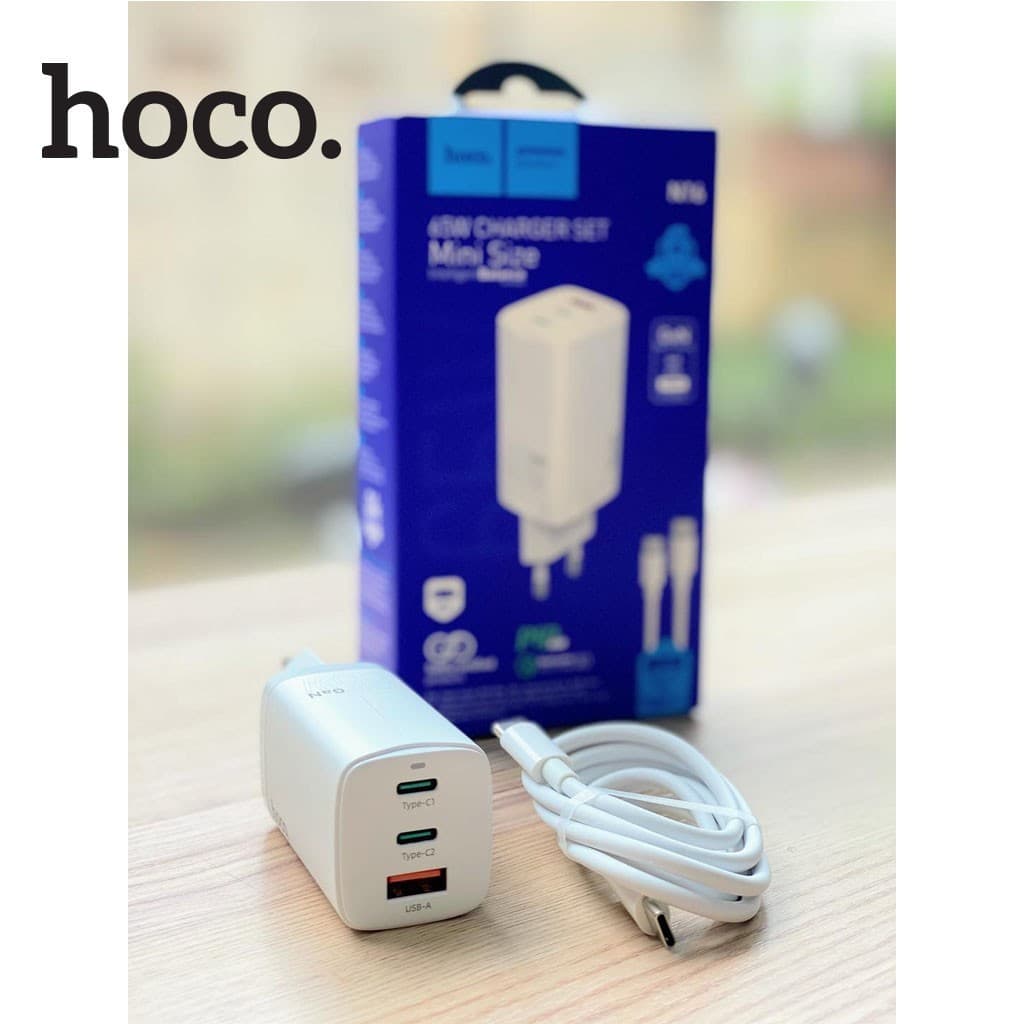 Conjunto Adaptador de tomada Carregador rápido Hoco 65W GaN três portas (2xUSB-C + 1xUSB-A) Power Delivery Quick Charge,