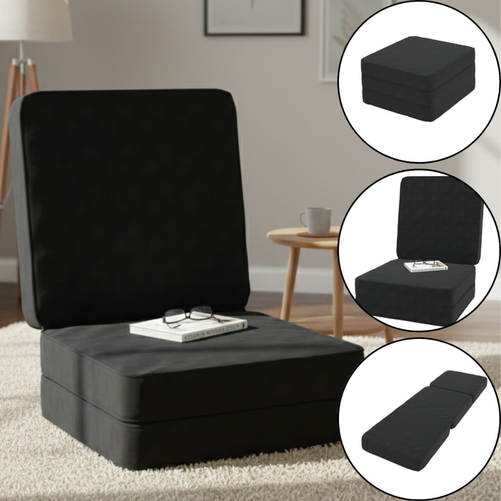 Puff Colchonete 3 em 1 Colchão Dobrável Sofá Cama Multiuso Preto Sala Quarto Visitas