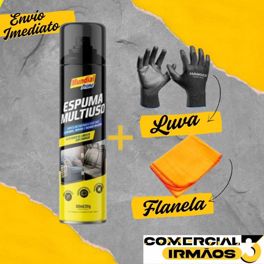 Kit Limpeza Espuma Multiuso Limpa Estofados Mundial Prime 300ML + Luva + Flanela