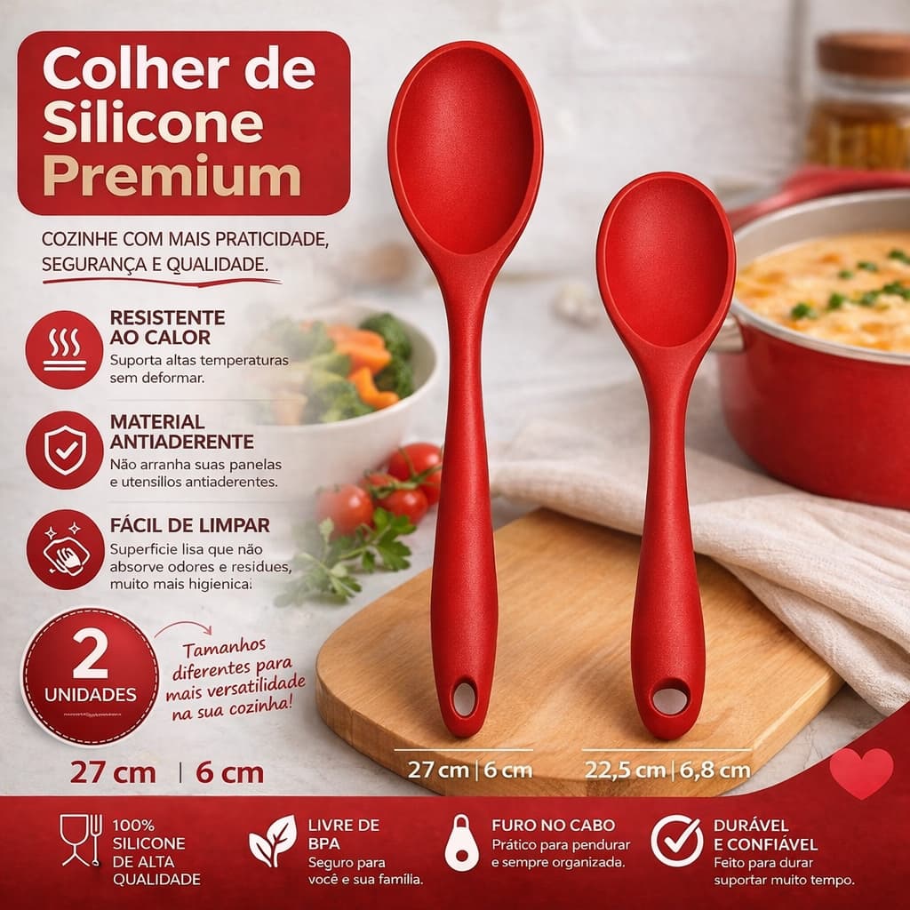 Kit Colheres de Silicone 2 Peças Resistente ao Calor Antiaderente Cozinha Profissional
