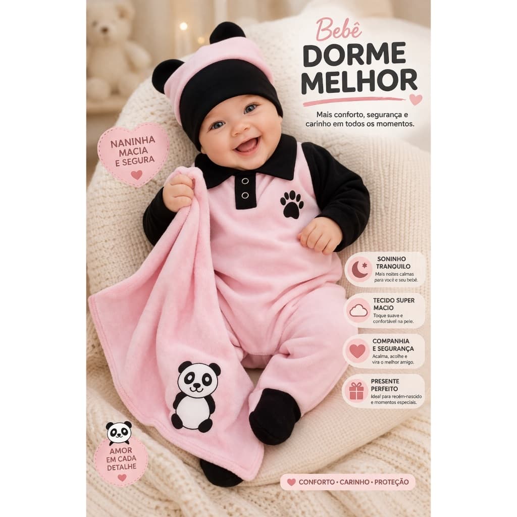Saída de Maternidade para Menina com Touca de Orelhinha 5 Peças Baby Panda Rosa Roupa de Bebe