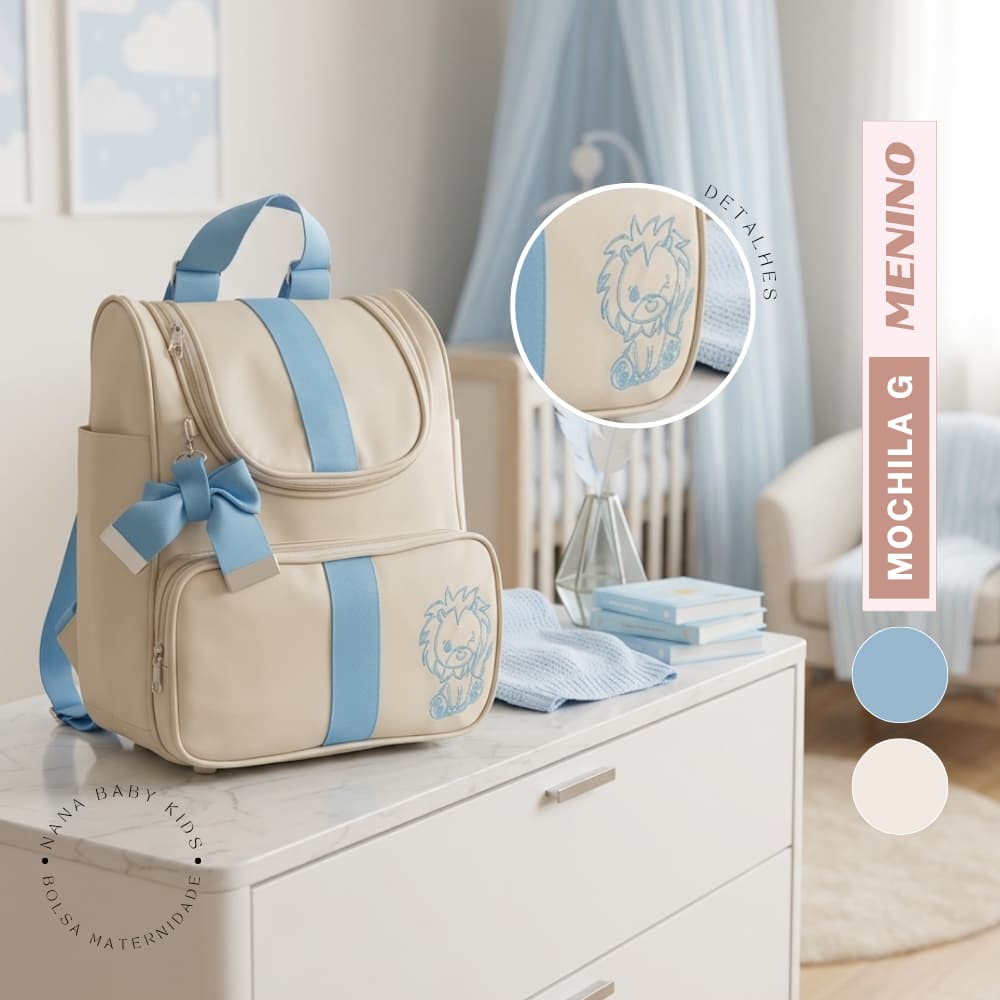 Mochila Bebê Maternidade Impermeável Azul c/ Bordado Leão |  Grande e Durável