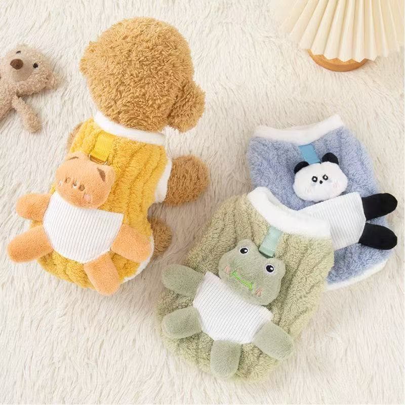 Roupa Pet Inverno Cachorro Pequeno Pelúcia Fofinho Ursinho Panda Sapo com Argola Guia Quente Promoção