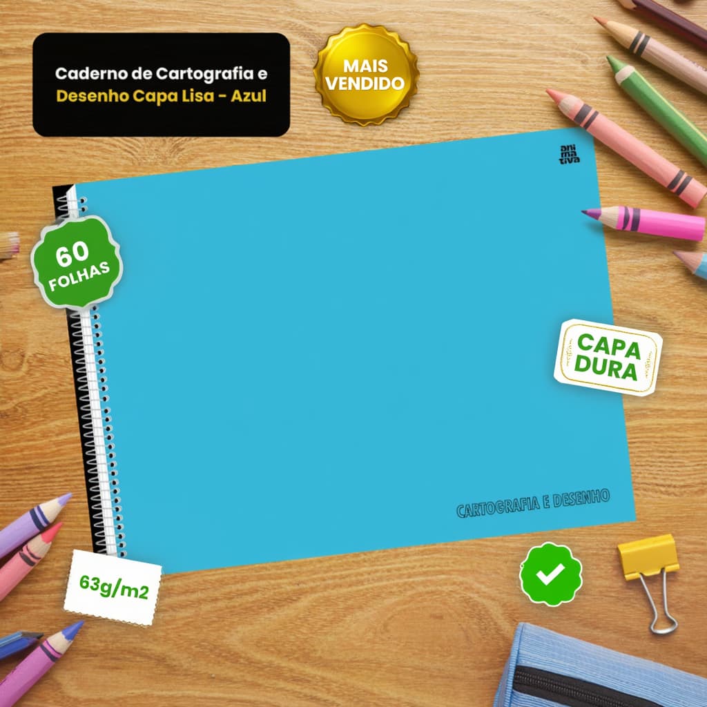 🎨Kit c/3 Cadernos Desenho Cartografia Azul 60 folhas Escolar Capa Dura Lisa Envio Rápido 🚀