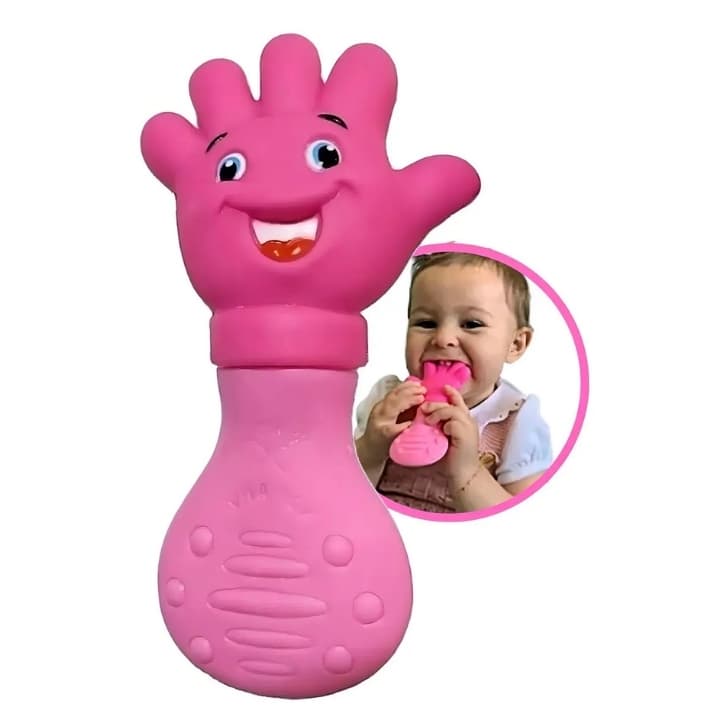 Mordedor Bebe Mãozinha Rosa Macio Dentição Stress Gengiva Rosa - ENVIO IMEDIATO