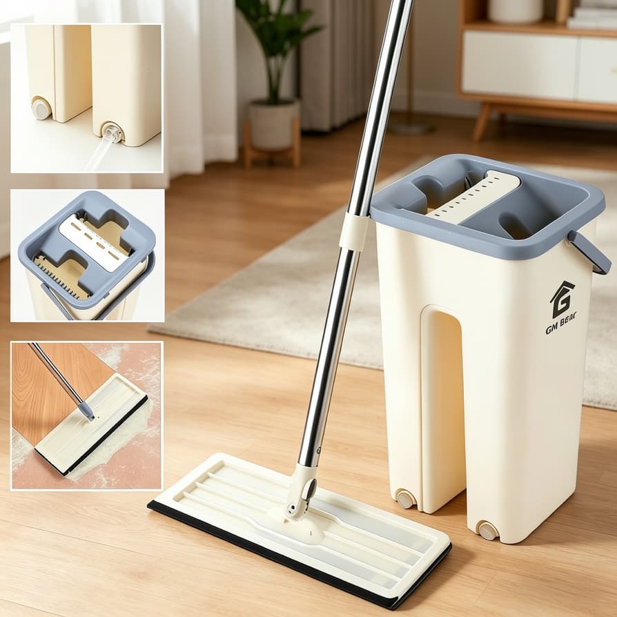 GM Bear Mop Esfregão Flat Com Balde Lava e Seca  Microfibra Cabo Inox Limpeza Prática
