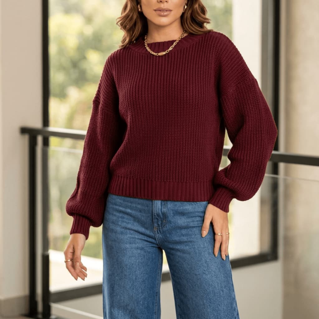 Blusa Feminina Manga Bufante Tricot Elegante Manga Longa Casual Básico Inverno Frio