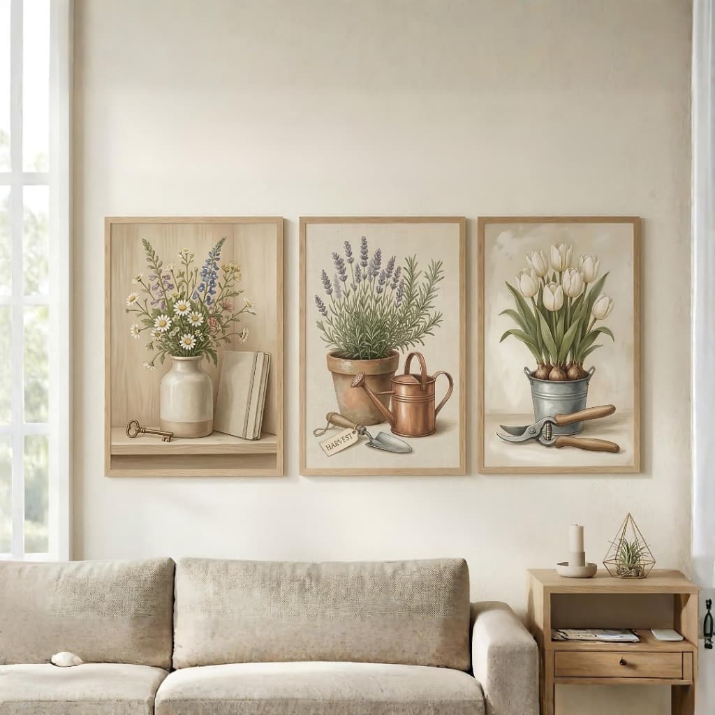 Kit 3 Quadros Decorativos Flores do Campo Lavanda Jardim Rústico Provençal Premium Vintage Casa