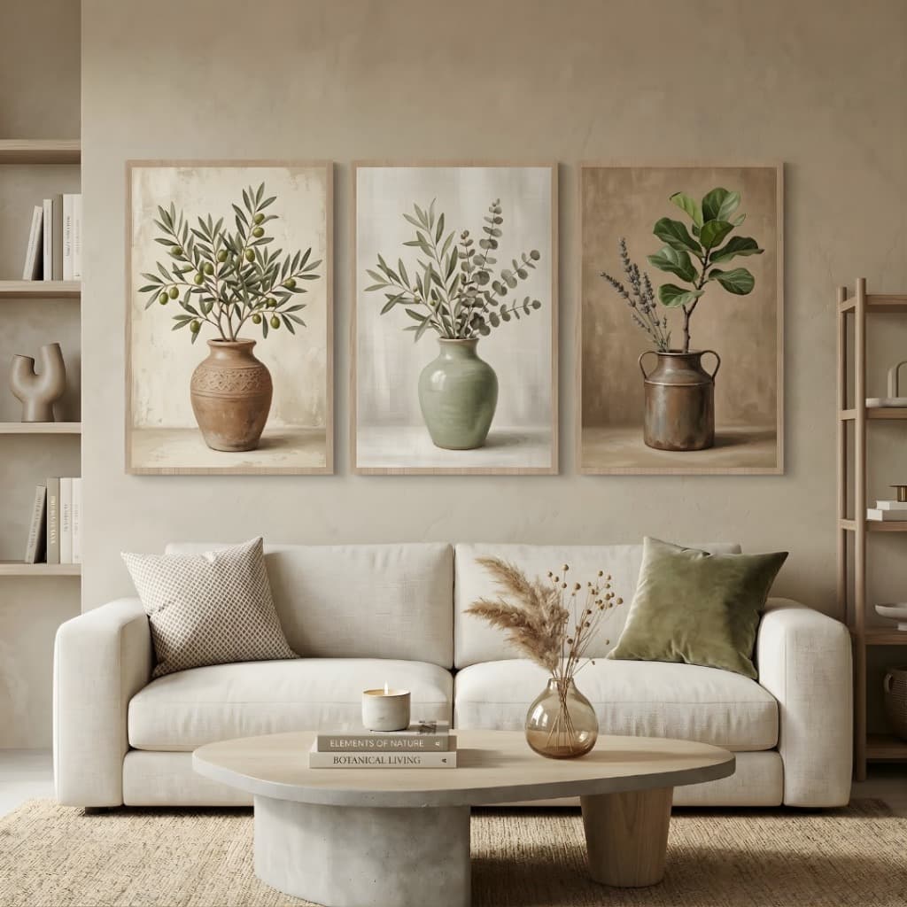 Kit 3 Quadros Decorativos Ramos Oliveira Eucalipto Vaso Rústico Boho Minimalista Luxo Quarto Sala
