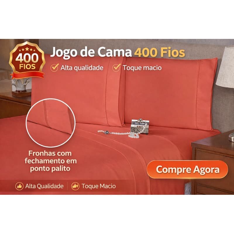 Jogo de Cama 4 Peças Luxo Percal 400 Fios – Lençol com Elástico Ajustável, Fronhas Decoradas, Conjunto Completo