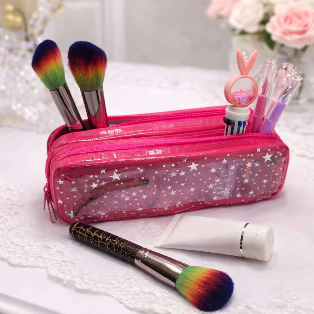 Estojo/Necessaire Feminino Transparente com Estrela Organizador  Portátil Viagem  Maquiagem Canetas e Acessórios 2 Ziper