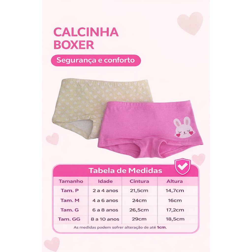 Kit 2 Calcinhas Boxer Shorts Infantil Menina Confortável Algodão Forro Duplo FOLLY