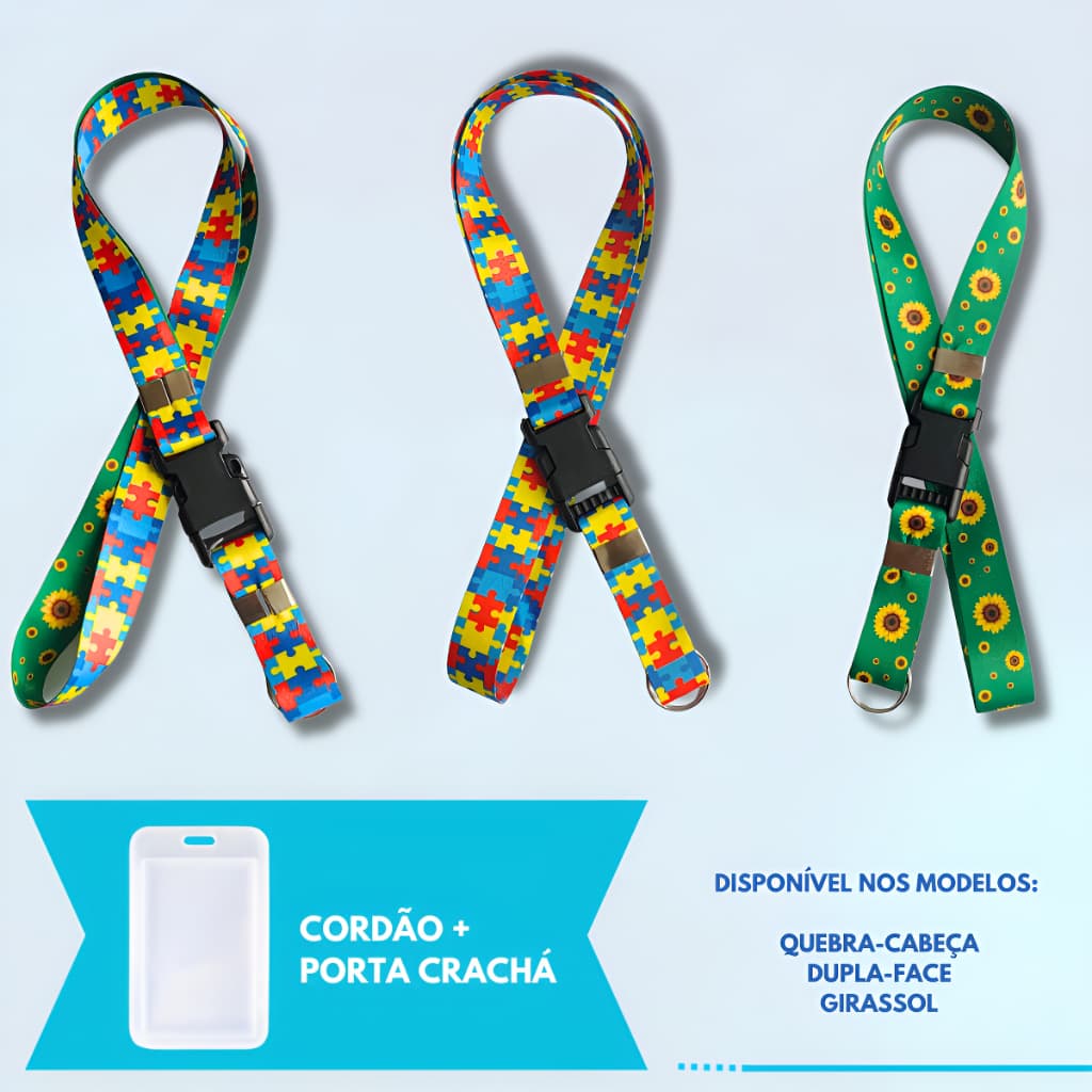 Cordão Poliéster Macio e Porta Crachá Infantil e Adulto Autismo Doença Oculta Quebra Cabeça Girassol