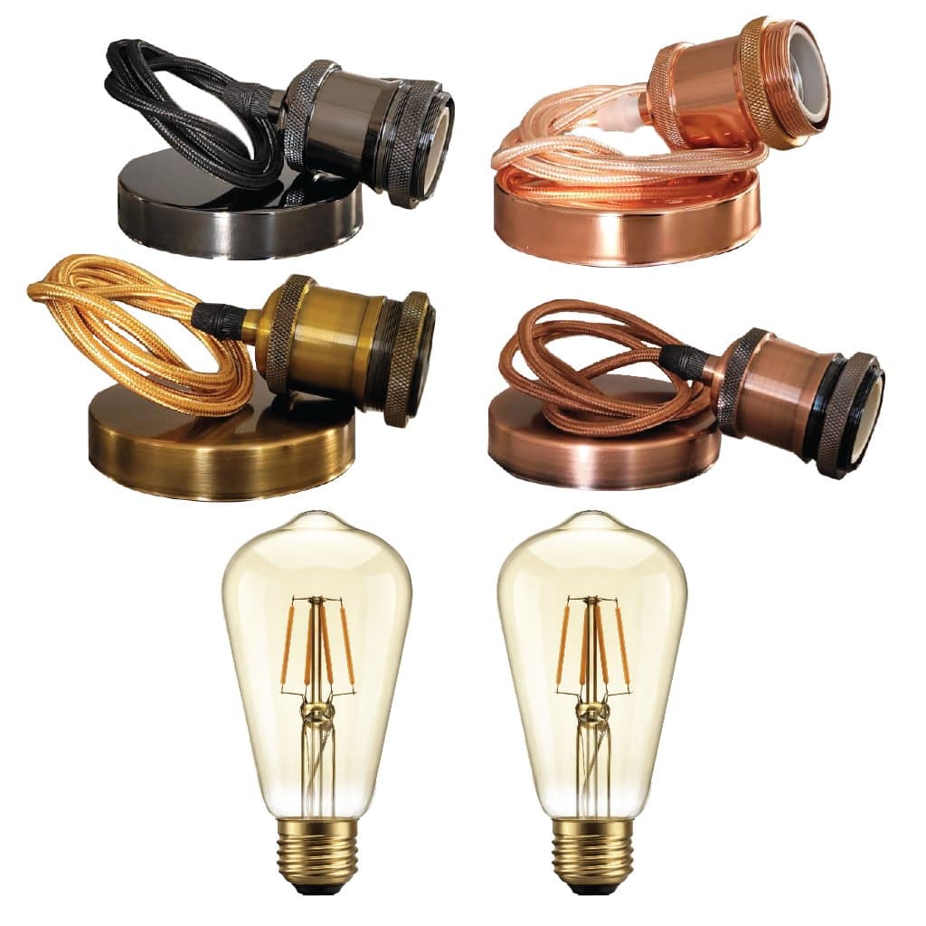Kit 2 Pendente aluminio Retro Vintage + Lâmpada Filamento led 4w St64 Soquete E27
