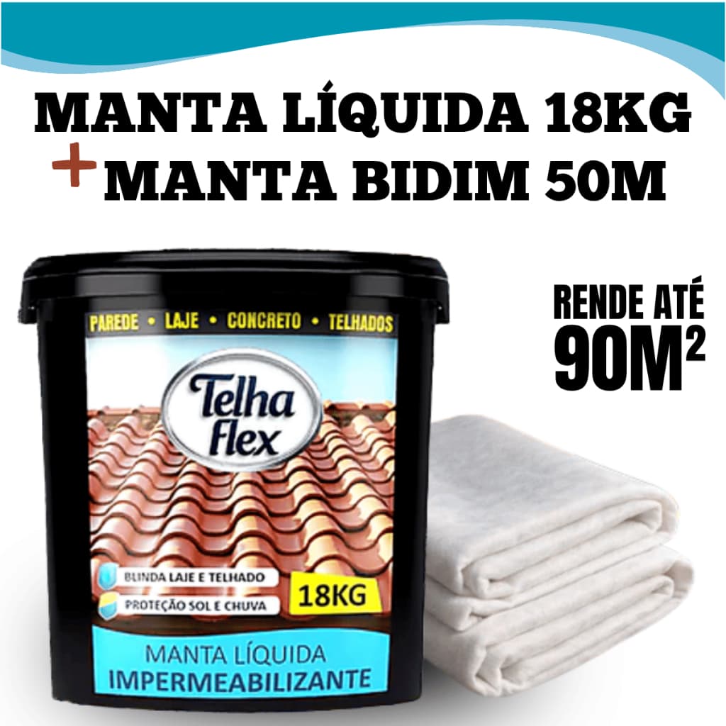Manta Líquida Telhaflex 18kg + Manta Bidim 50m Kit Impermeabilizante Completo Alta Resistência
