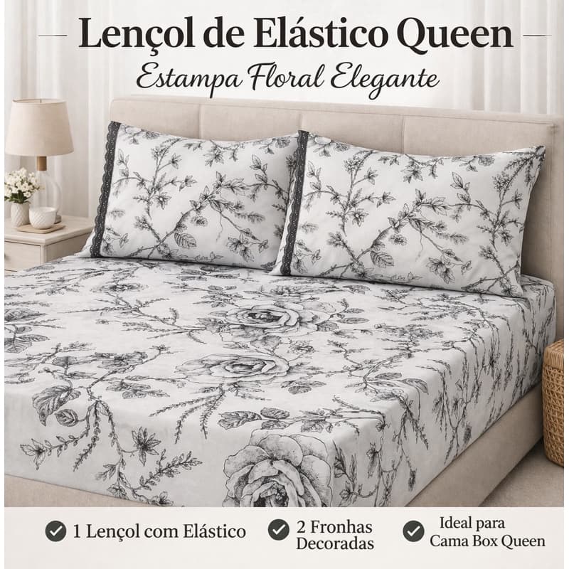 kit Lençol de Elástico Queen – Estampa Floral Elegante preto e branco | 3 Peças