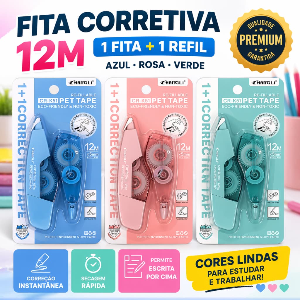 Fita Corretiva Recarregável 12m + Refil Correção Instantânea Papelaria Escolar