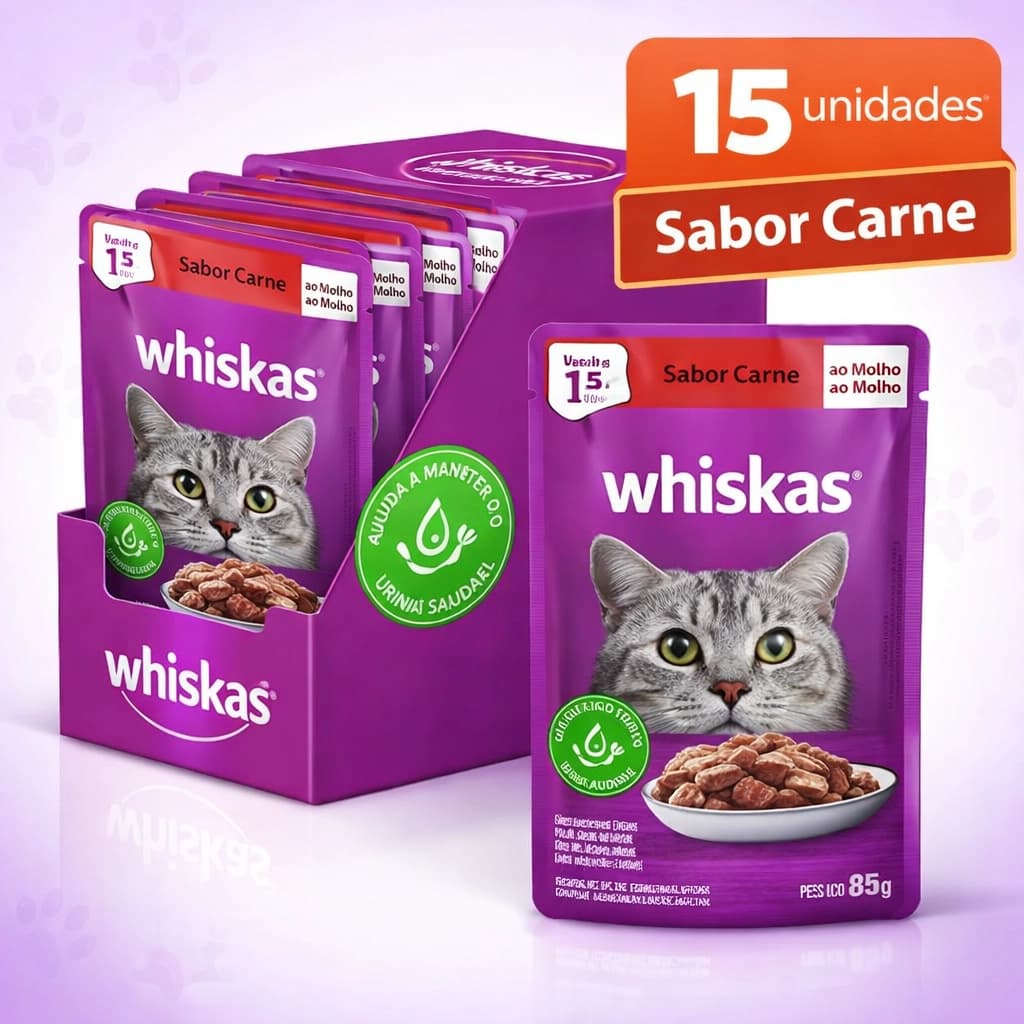Ração Úmida Whiskas Sachê Carne ao Molho para Gatos Adultos 85g - 15 unidades