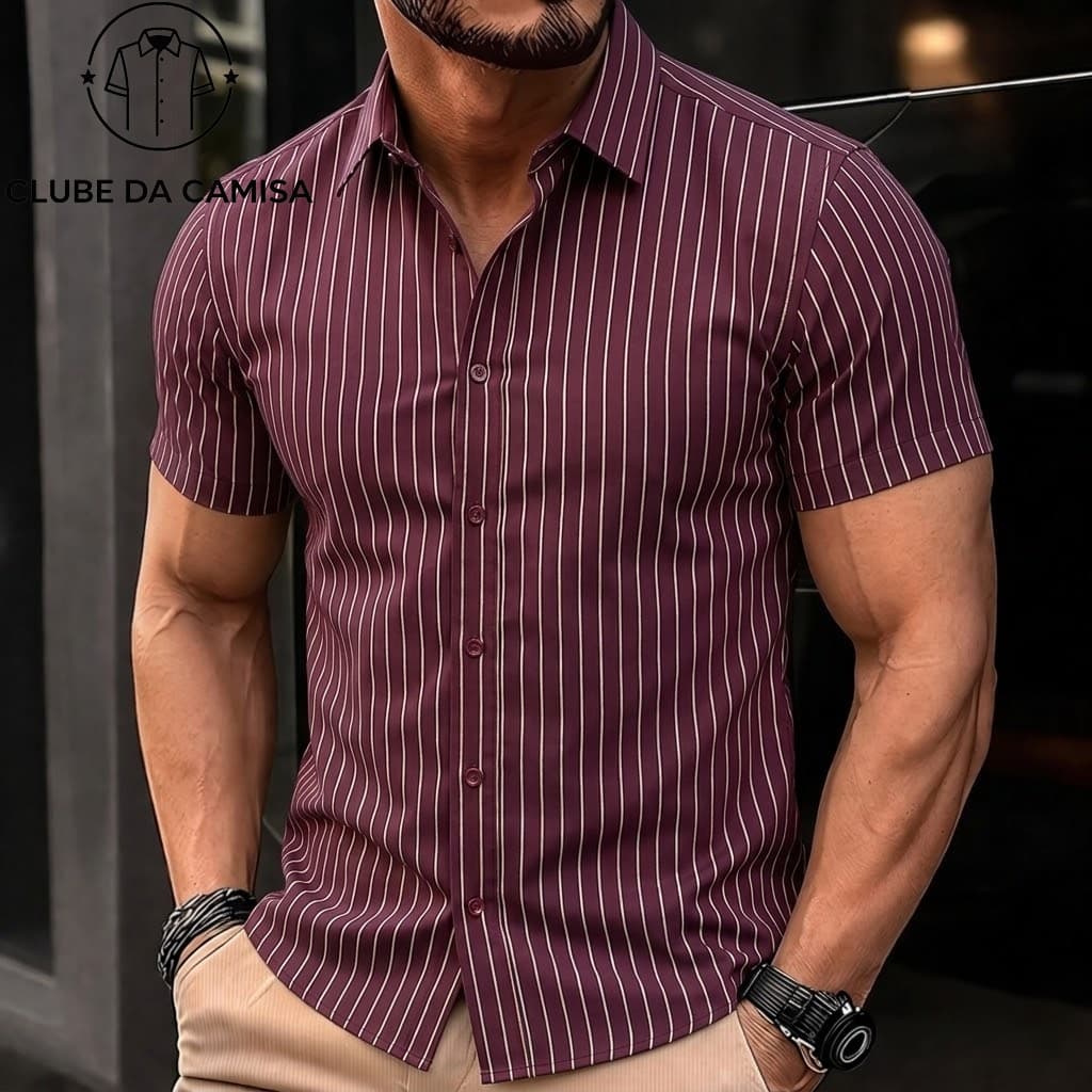 Camisa Social Listrada Manga Curta Confortável Tecido Leve Premium