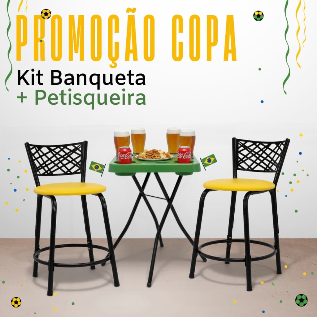 Kit 2 Banquetas Cadeiras Bancos Baixo + Mesa Petisqueira Hexa Verde e Amarelo Jogos Brasil