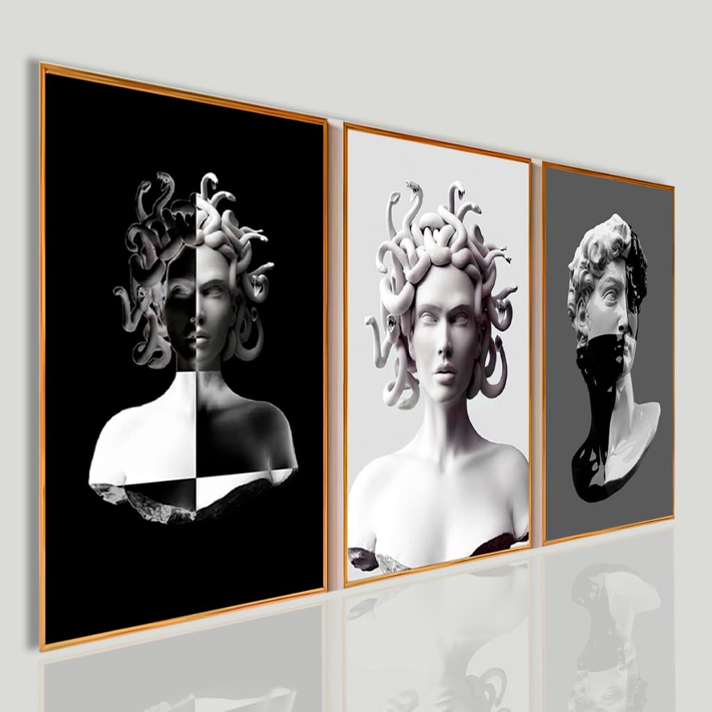 Kit 3 Quadros Decorativos Estátuas Gregas Modernas (Medusa + David) Arte Minimalista Preto e Branco