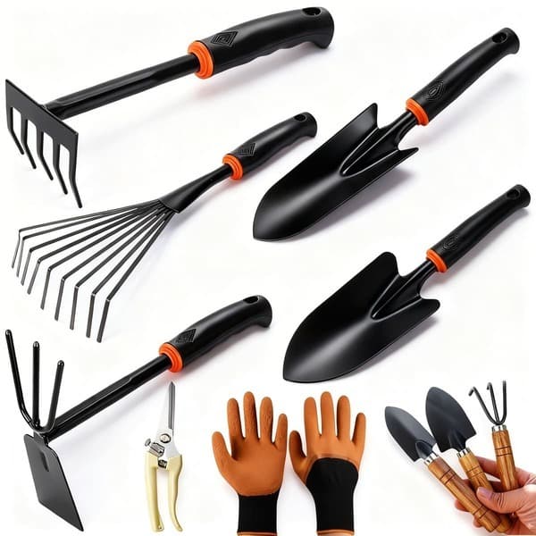 Kit Jardinagem 10 Peças Completo Com Luva, Pás, Ancinho, Tesoura de Poda, Rastelo, Enxadinha, Kit Para Vasos e Alicate