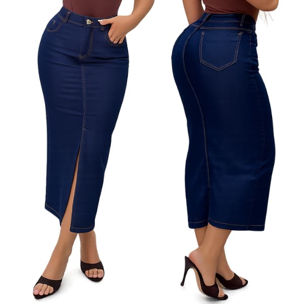 Saia Jeans com Fenda Frontal com Lycra Elastano Cintura Alta Azul