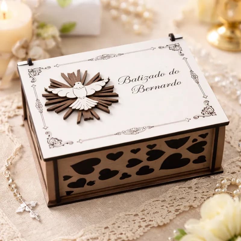 Caixa Lembrancinha Batizado Personalizada em MDF 14x12x6,5cm Presente Decoração Convite