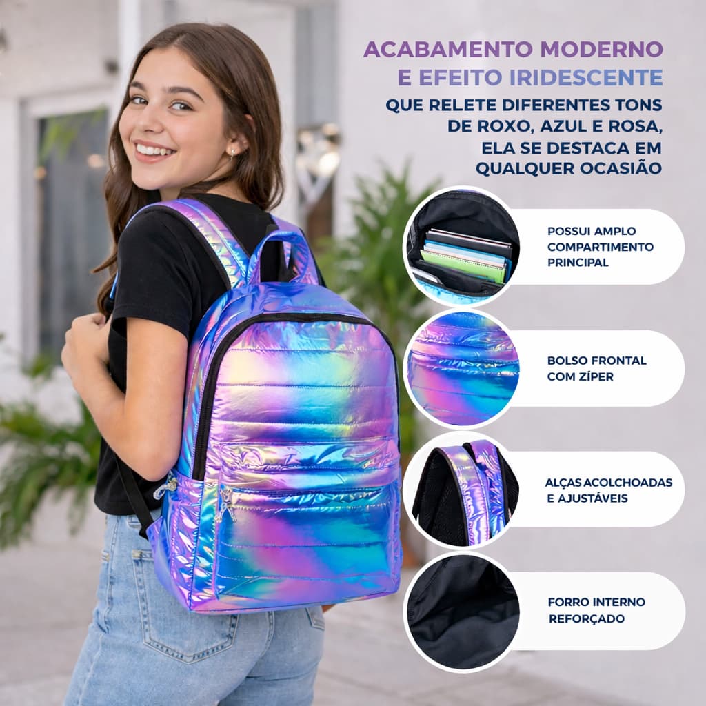 Mochila Holografica Metalizada Brilho Feminina Juvenil Escolar Luxo Moderno Resistente
