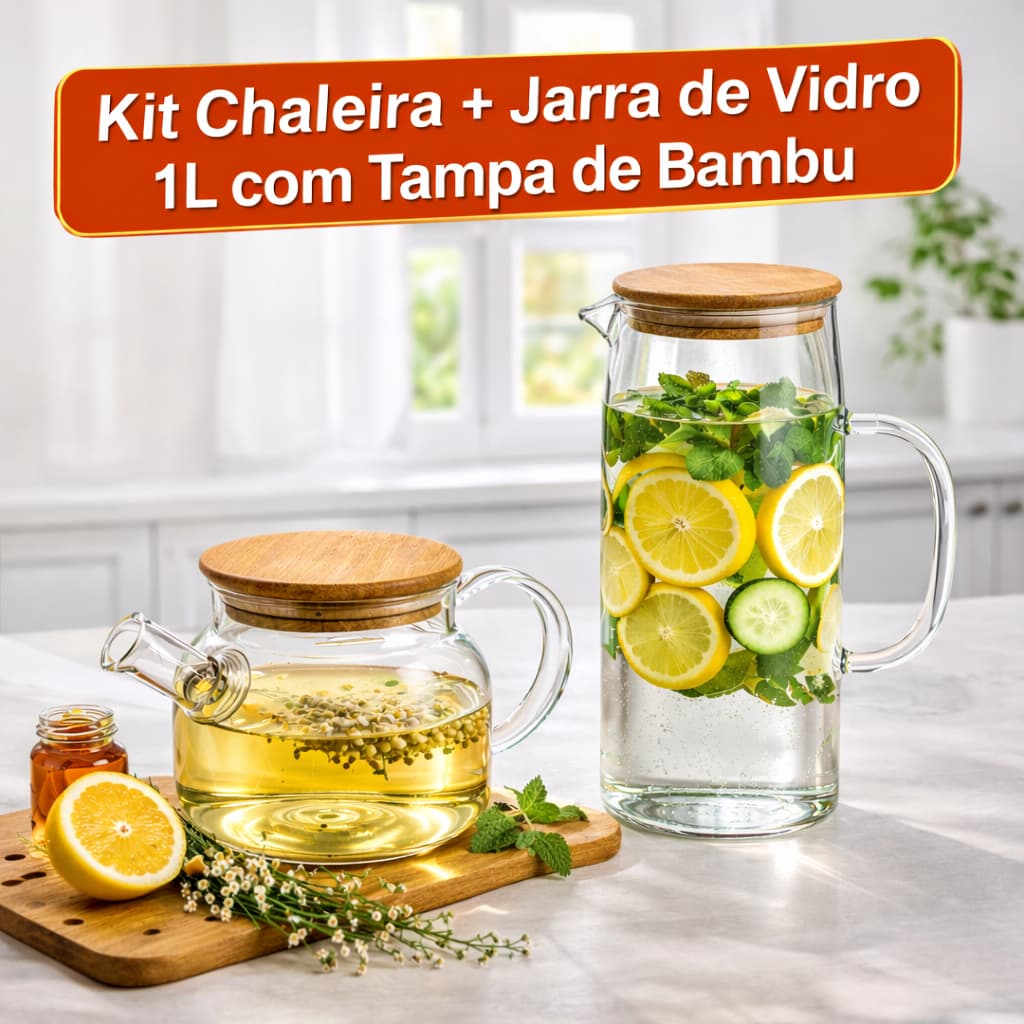 Kit Chaleira + Jarra de Vidro com Tampa de Bambu 1L Borossilicado Com Alça Coador Qualidade Top S/A!
