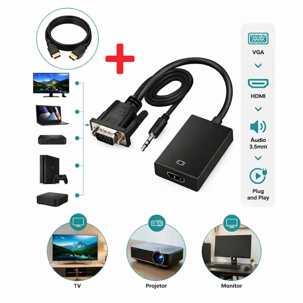 Cabo Mini Conversor Vga Para Hdmi Com Áudio E Vídeo Full Hd + cabo HDMI