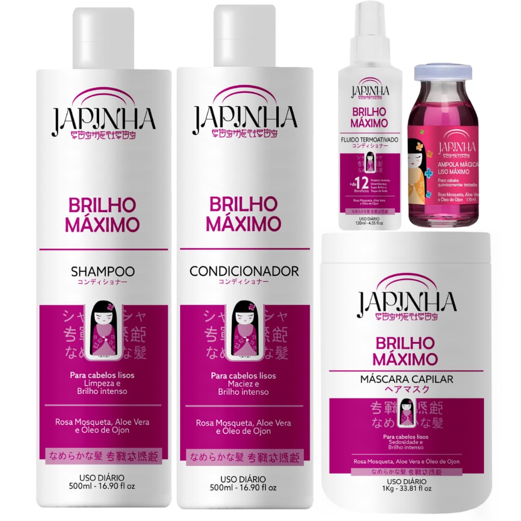 ✨Kit Japinha Brilho Máximo Completo - Shampoo + Cond + Máscara + Protetor Térmico + Ampola Mágica!!