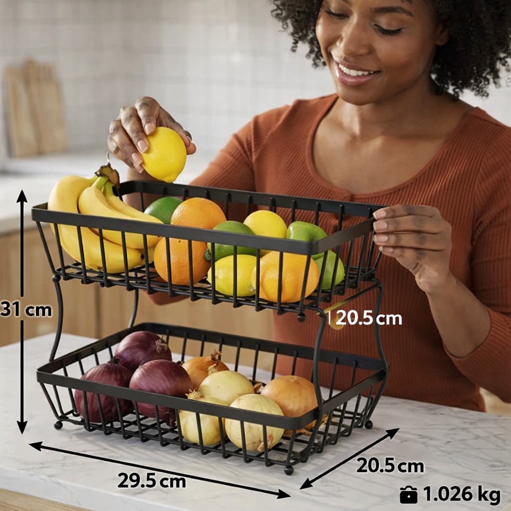 Suporte Organizador Metálico Frutas Verduras 2 Níveis Preto Design Moderno
