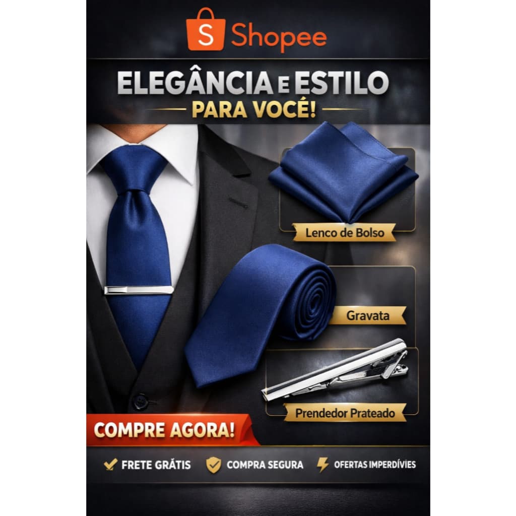 Kit Gravata Masculina Slim + Lenço de Bolso + Prendedor Dourado | Elegante Social Premium