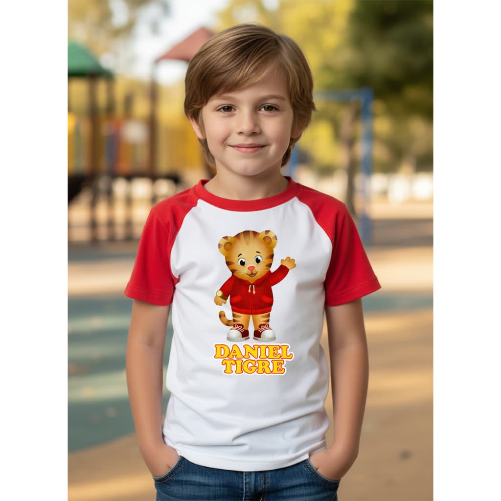 Daniel Tigre Camiseta Infantil Raglan Azul E Vermelho Camisa