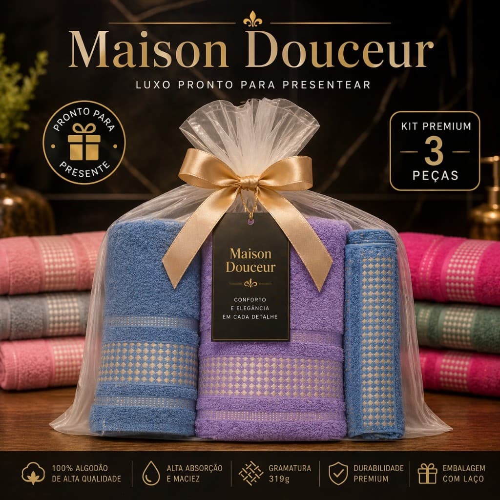 Toalha de Banho Luxo Kit 3 Peças Premium Super Macia Alta Absorção Presente Sofisticado