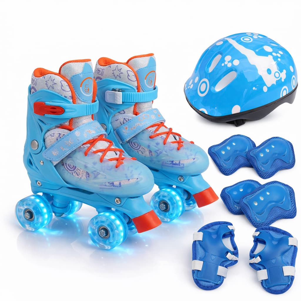 Patins Roller Infantil Adulto Quad Led nas Rodinhas Tamanho Ajustável 29-32 / 33-36 / 37-40 + KIT PROTEÇÃO