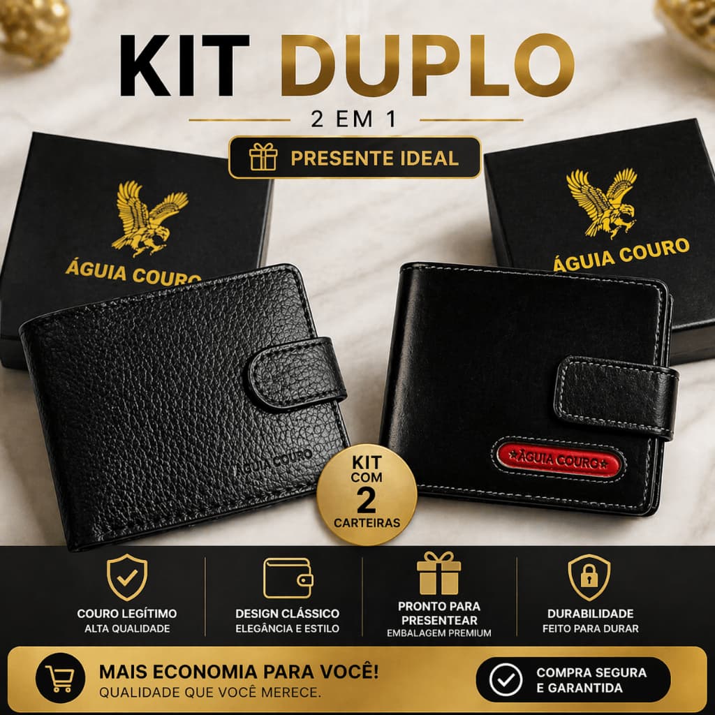 Kit 2x Carteira Masculina Couro 100% Legitimo Fecho Pressão Moedas Documentos Cnh Completa Preta
