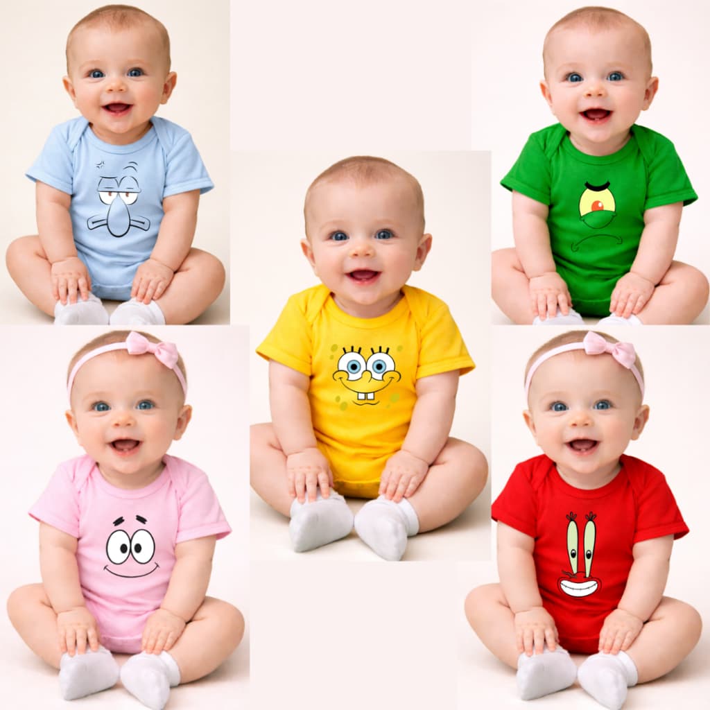 Body Bebê Infantil Unissex Bob Esponja e Amigos Personagens Mesversario Tematico Confortável macio