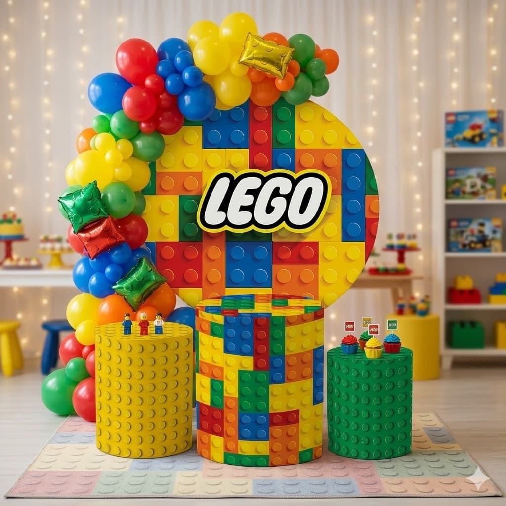 Kit Painel 1,5x1,5+Trio Capas Cilindros P M G Festa / Decoração Elegante Lançamento Lego