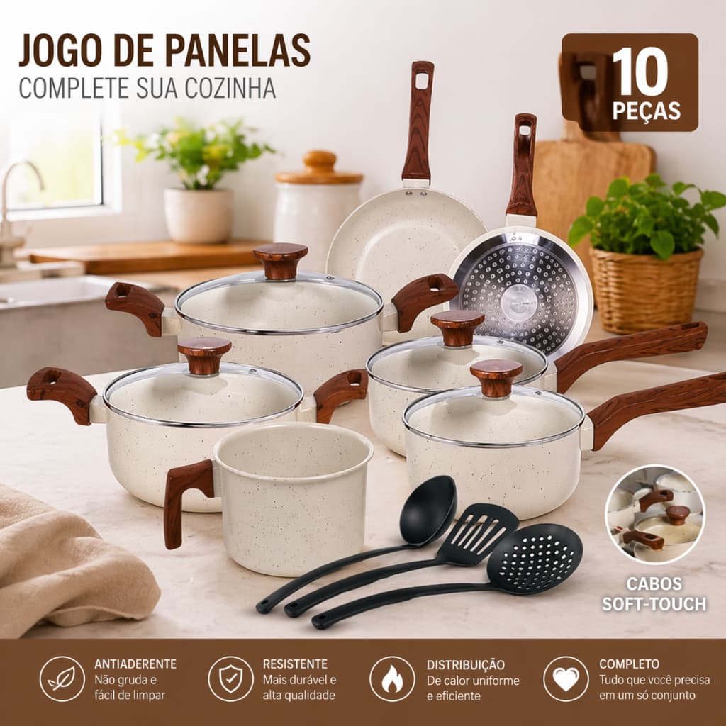 Conjunto de Panelas 10 Peças Premium Revestimento Cerâmico Indução Antiaderente Mimo Style