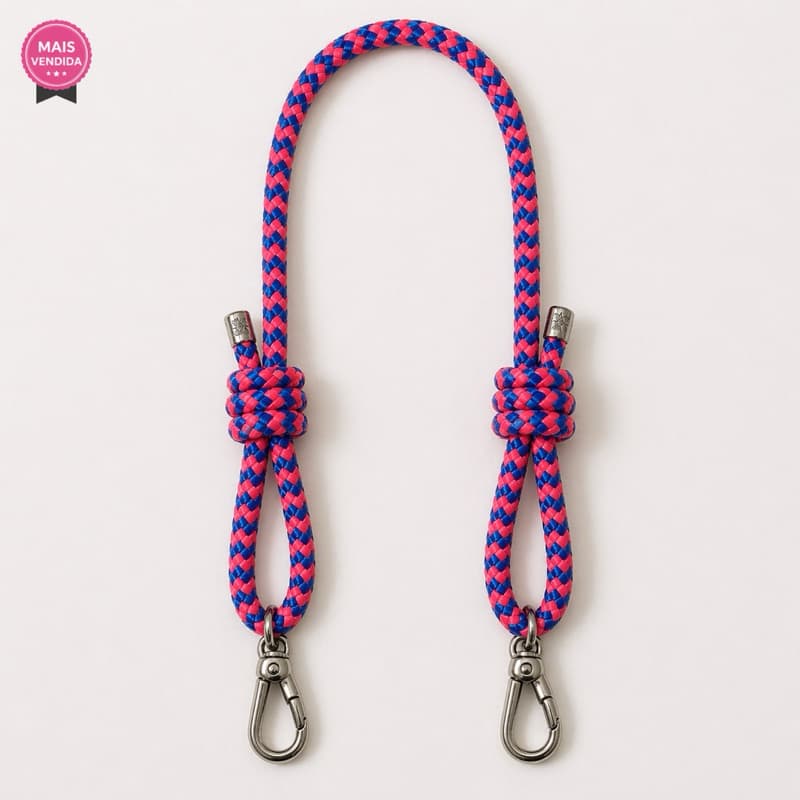 Corda Trançada Ajustável com Mosquetão Inox | Alça para Garrafa e Bolsa 1,30m| Rosa com azul