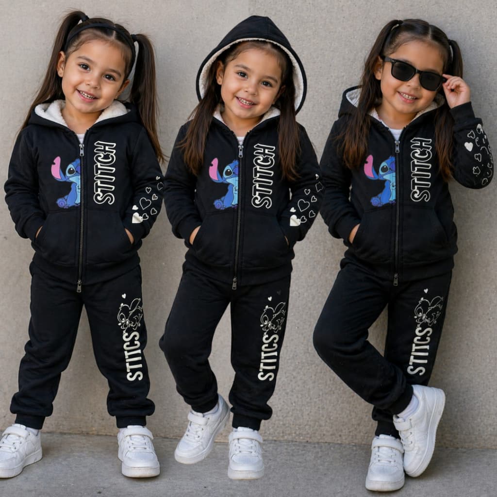 Conjunto Infantil Juvenil Moletinho Menina Stitch com Forro do capuz de Sherpa (Pelinho) Inverno
