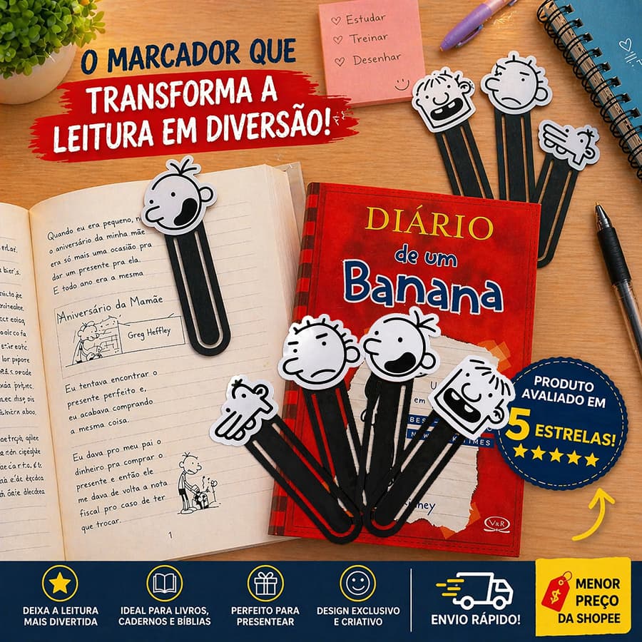 Kit Diário de um Banana | Marcadores de Página, Estojo, Bloquinho, Régua Stencil e Clips | Escolha sua Opção